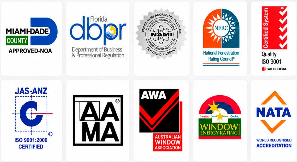 Certificaciones: Miami-Dade, Florida DBPR, NAMI, NFRC, ISO 9001, JAS-ANZ, AAMA, AWA, WERS, NATA